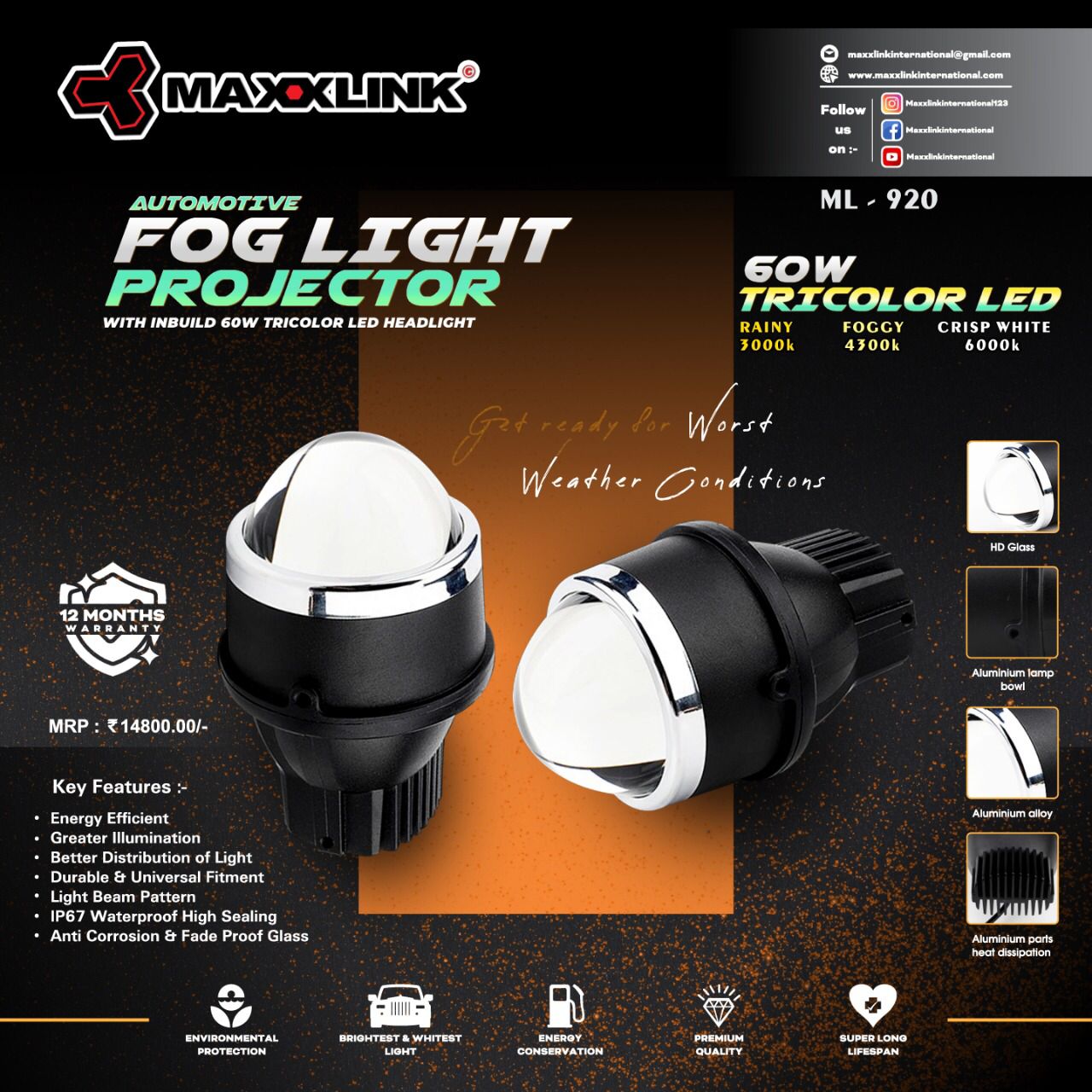 Maxxlink ML 920 Tri Colour Projector LED for Fog Lights