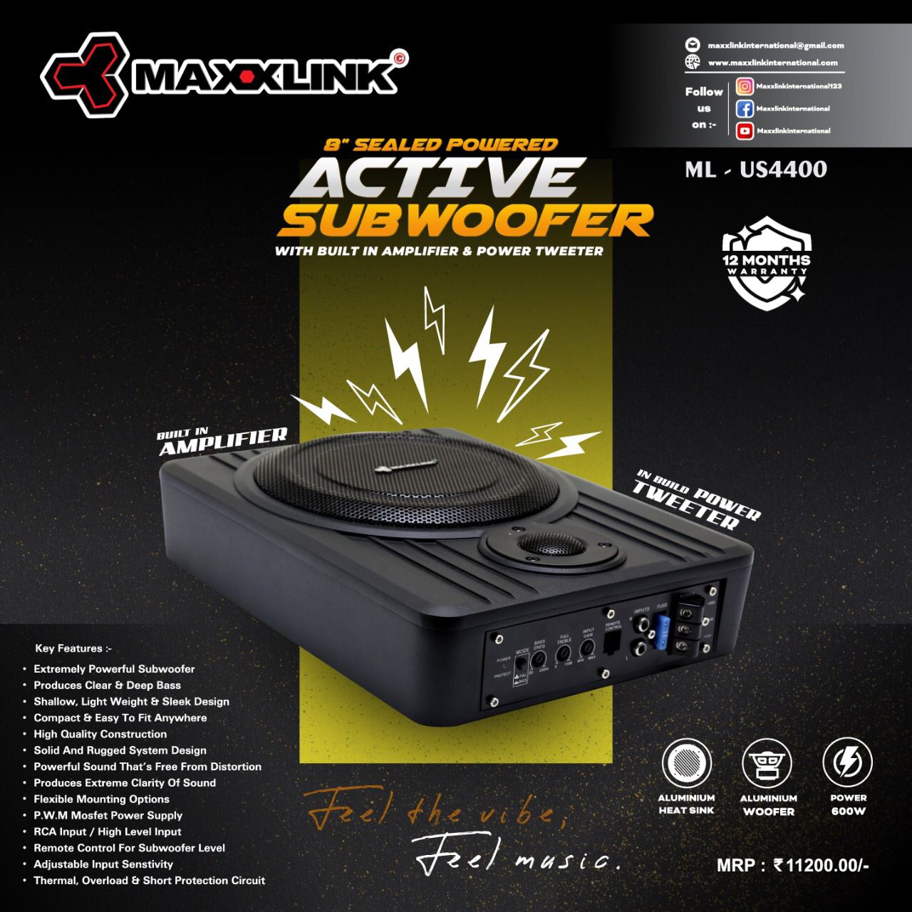 Maxxlink ML-US4400 Under Seat Active Subwoofer